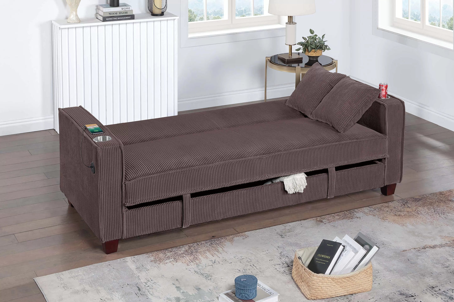 POUNDEX, BROWN CORDUROY CONVERTIBLE SOFA , F8570