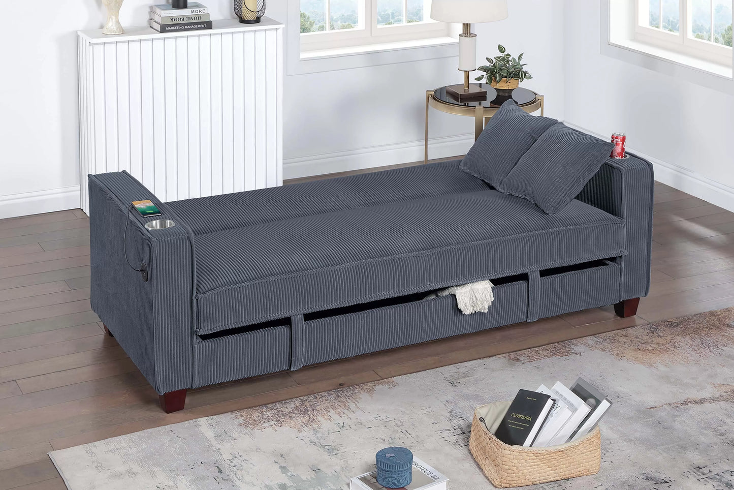 POUNDEX, GRAY CORDUROY CONVERTIBLE SOFA , F8571