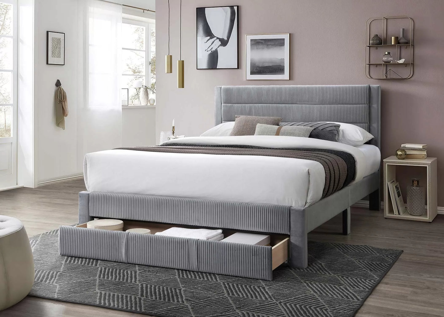 POUNDEX, GRAY CORDUROY FULL SIZE BED FRAME , F9656F