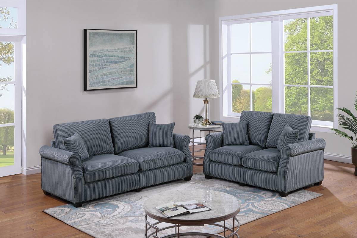 Poundex Upholstered Corduroy Sofa Loveseat Set in Dark Gray