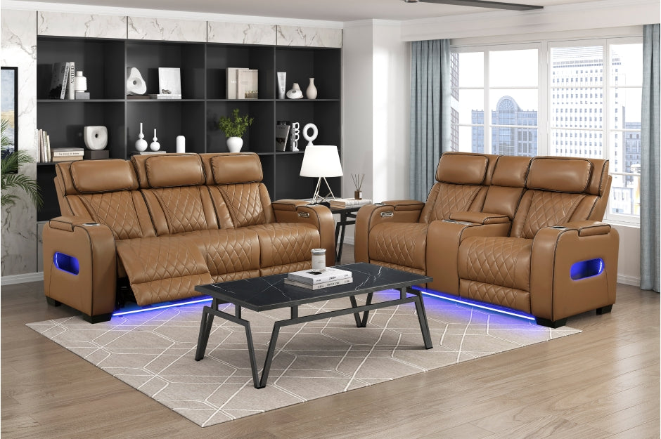 HOMELEGANCE, FAIRWAY BROWN FAUX LEATHER POWER RECLINER SOFA, 9516BRW