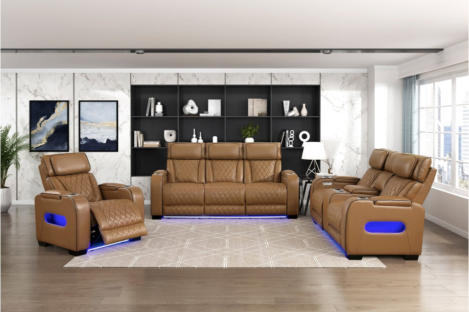 HOMELEGANCE, FAIRWAY BROWN FAUX LEATHER POWER RECLINER SOFA, 9516BRW
