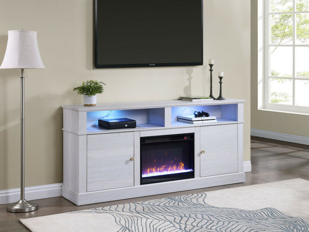 70" WHITE WALNUT TV STAND WITH FIREPLACE, 97031