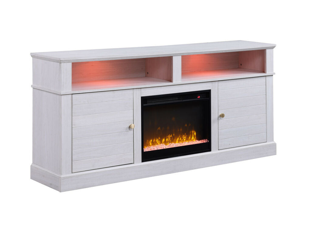 70" WHITE WALNUT TV STAND WITH FIREPLACE, 97031