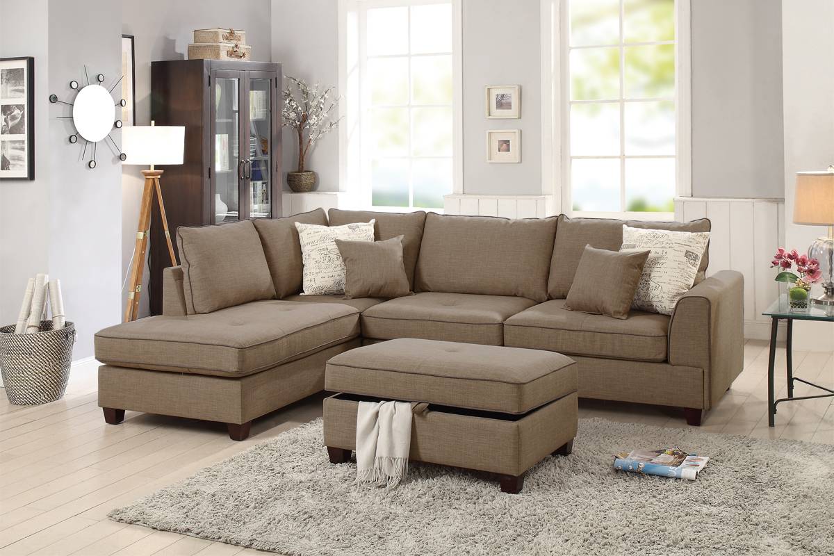 REVERSIBLE SECTIONAL MOCHA LINEN, WITH OTOMAN, F6544