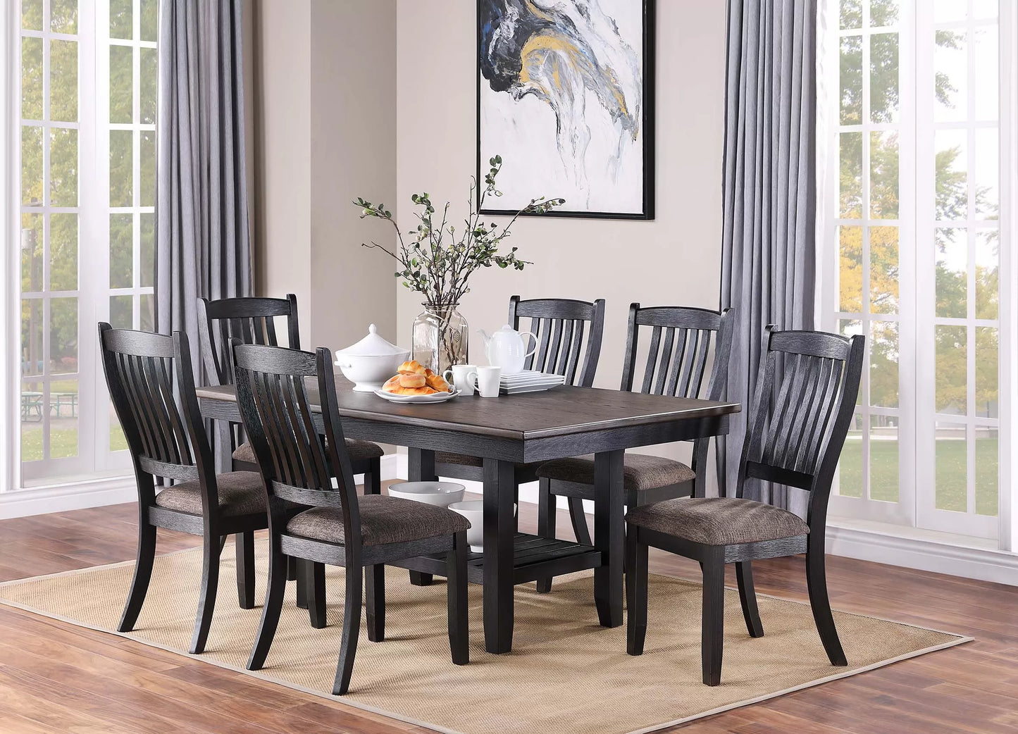 POUNDEX, 7 PIECES DINING SET RUSTIC BLACK WITH GRAY TOP, F2438, F1808