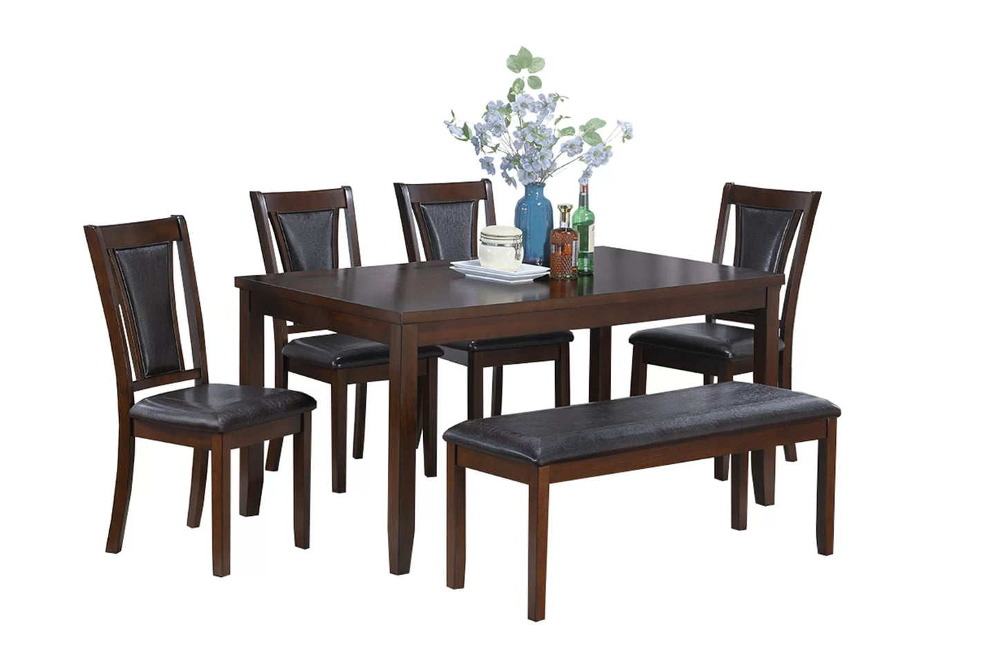 6 PIECES DARK WALNUT DINING SET WITH BENCH, F2635