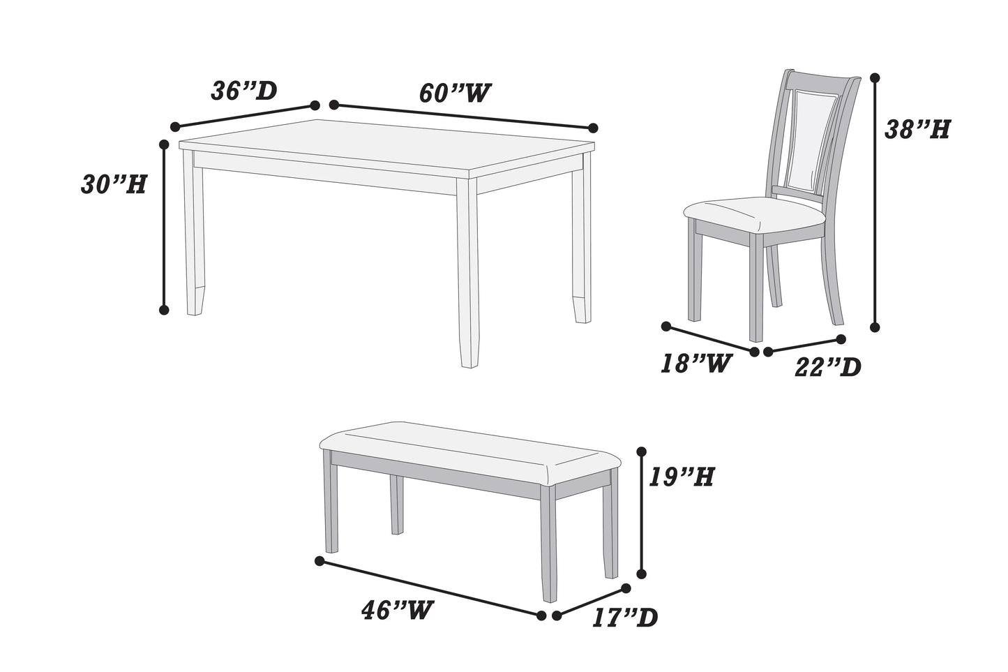 6 PIECES DARK WALNUT DINING SET WITH BENCH, F2635