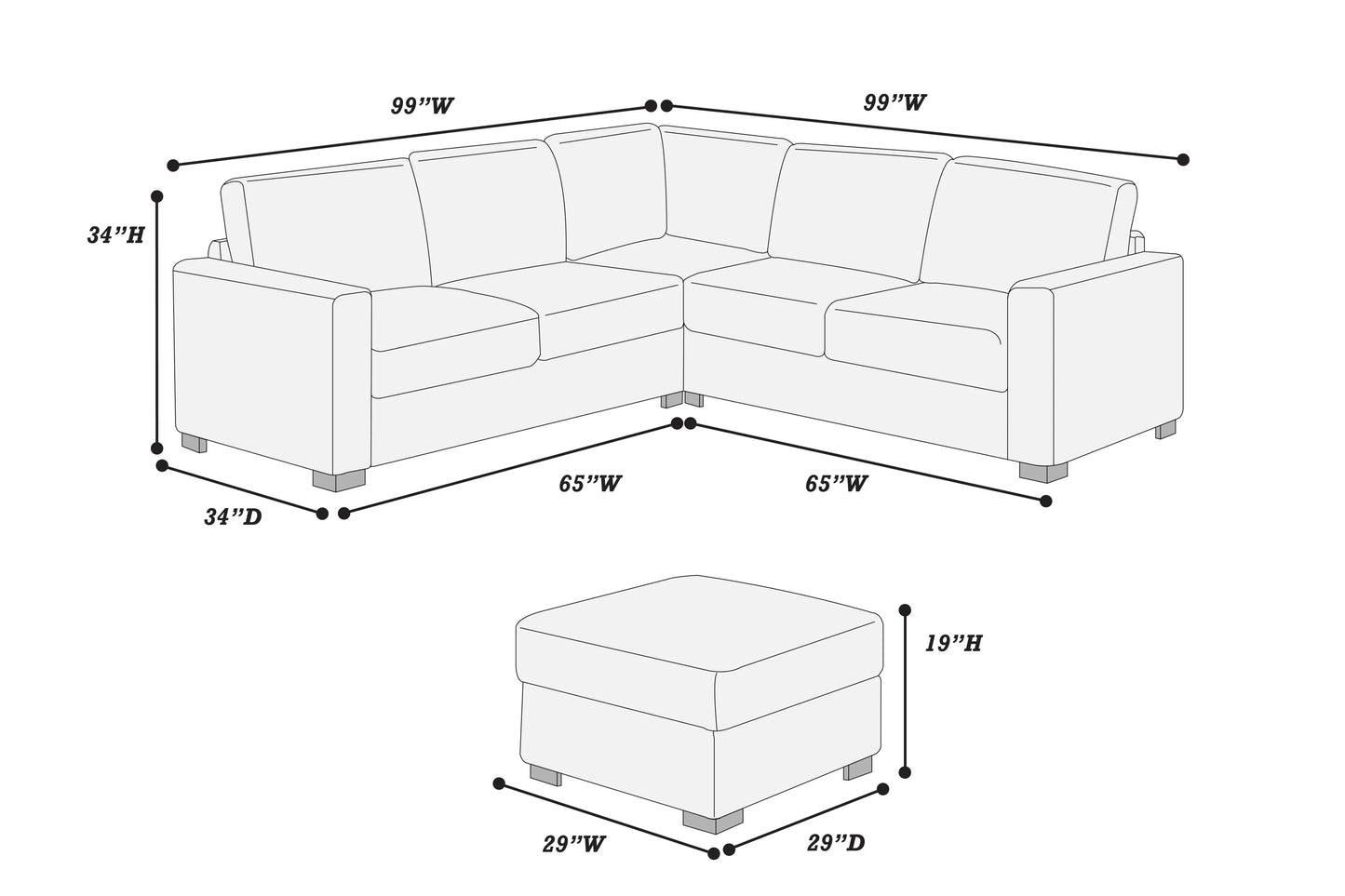 FURRY CORDUROY SECTIONAL WITH OTTOMAN (2 COLORS)