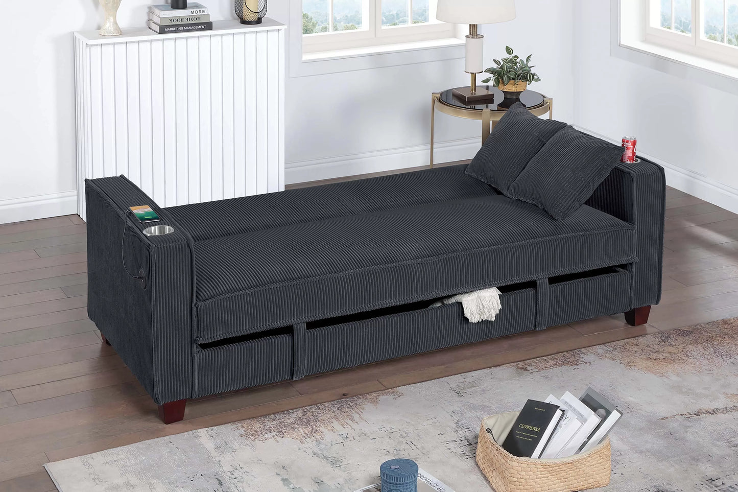 POUNDEX, BLACK CORDUROY CONVERTIBLE SOFA , F8569