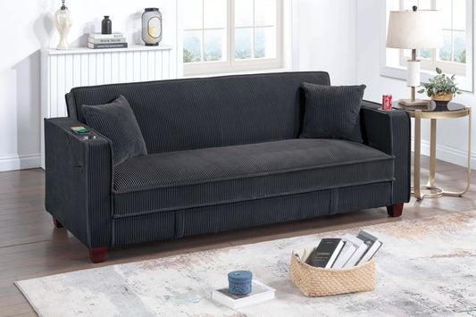 POUNDEX, BLACK CORDUROY CONVERTIBLE SOFA , F8569