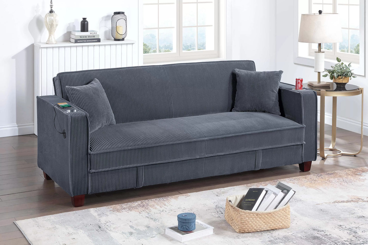 POUNDEX, GRAY CORDUROY CONVERTIBLE SOFA , F8571