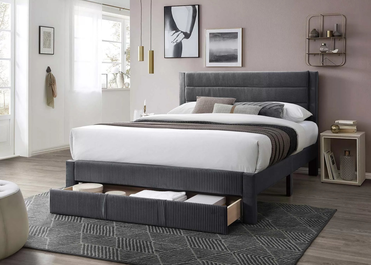 POUNDEX, GRAY CORDUROY FULL SIZE BED FRAME , F9656F