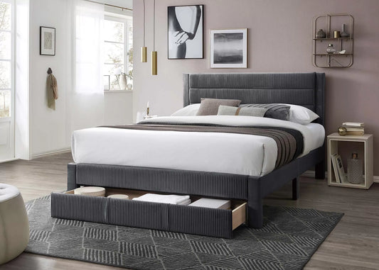 POUNDEX, GRAY CORDUROY FULL SIZE BED FRAME , F9656F
