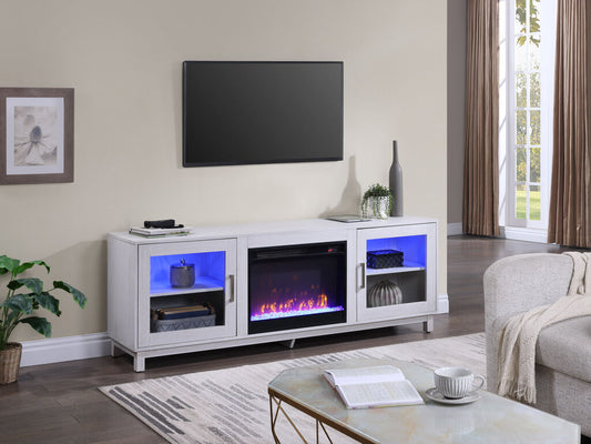 70" WHITE WALNUT TV STAND WITH FIREPLACE AND HEATER, 97032