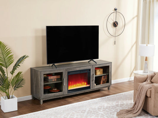 70" GRAY WALNUT TV STAND WITH FIREPLACE AND HEATER, 97039