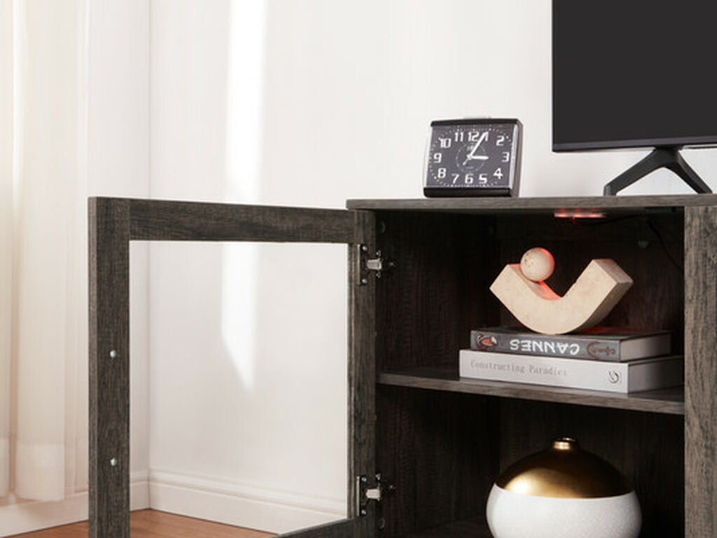 70" GRAY WALNUT TV STAND WITH FIREPLACE AND HEATER, 97039