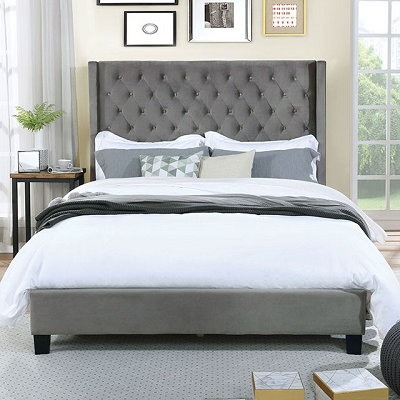 FURNITURE OF AMERICA CM7141GY QUEEN BED FRAME GRAY VELVET