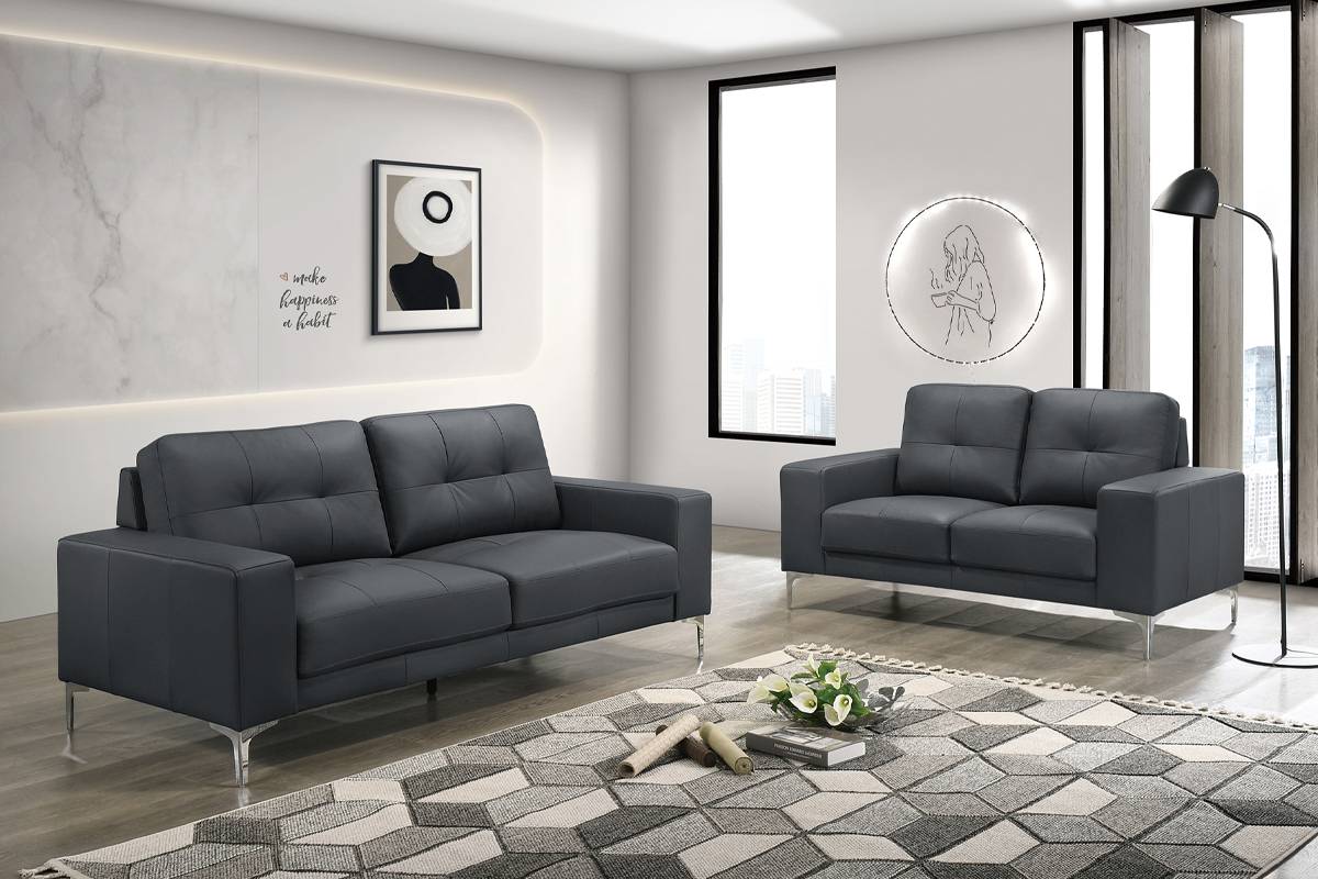 2 Pieces sofa set full leather black, F8417