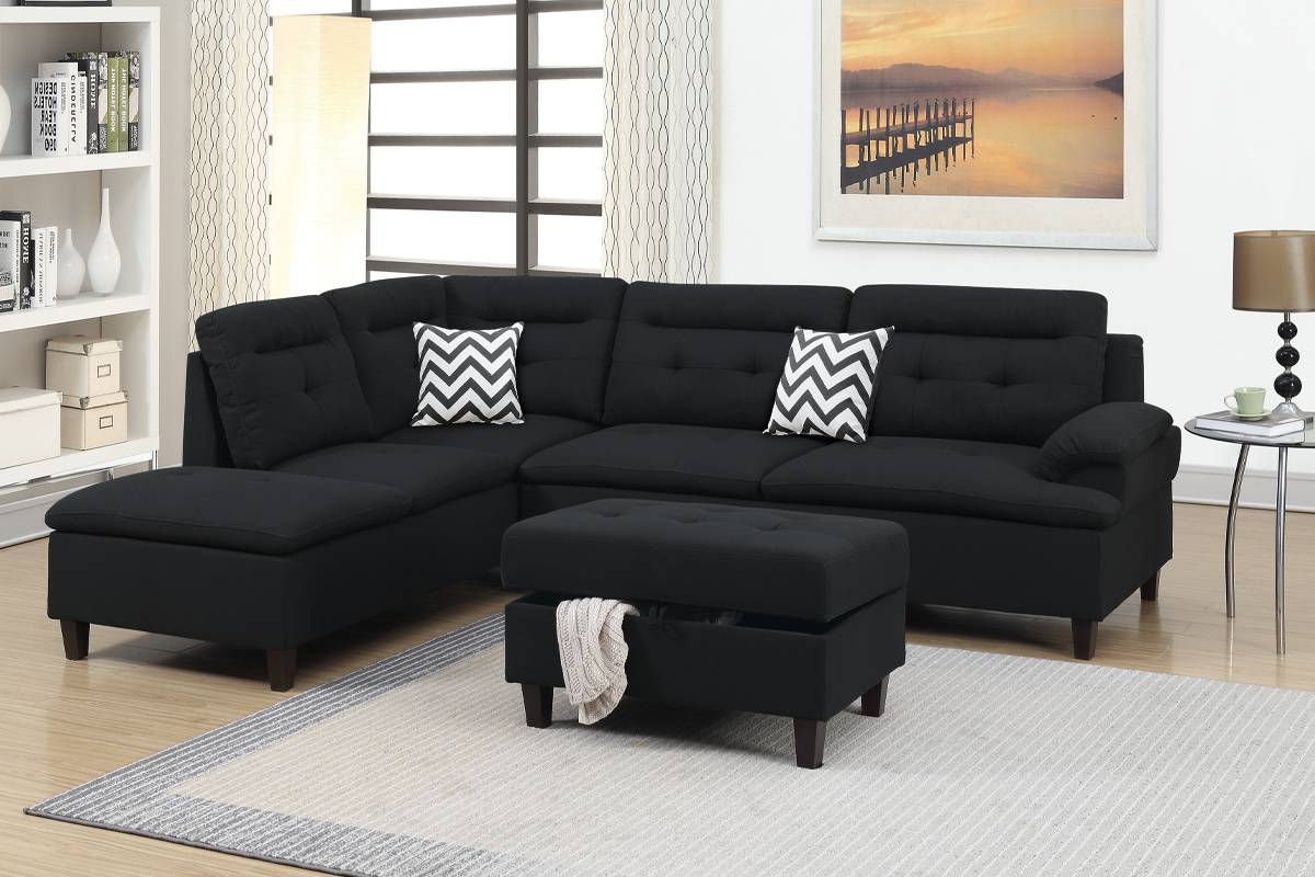 SECTIONAL BLACK WITH STORAGE OTTOMAN, F6588